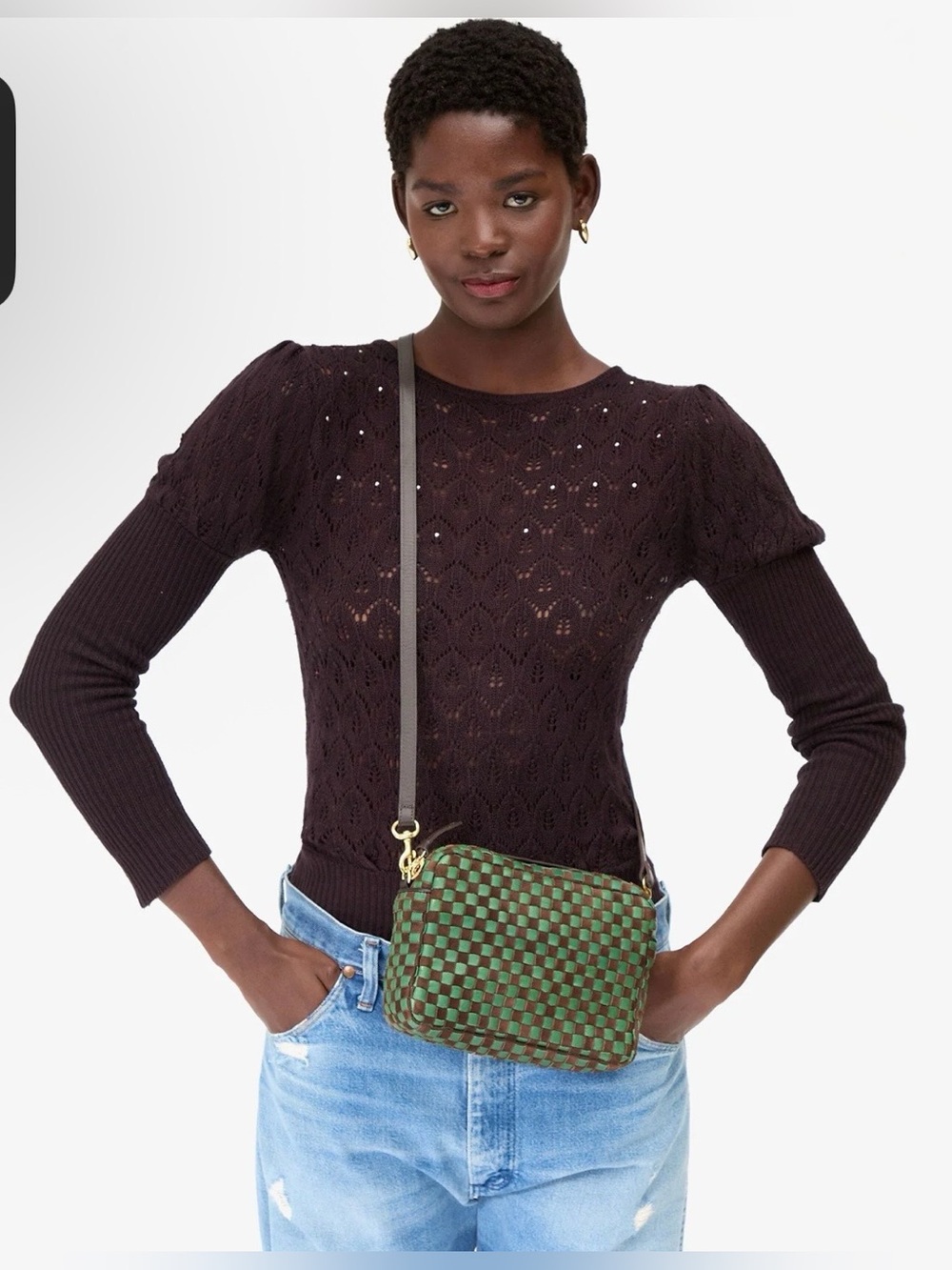 CLARE V. Midi Sac a woven, checkered-pattern bag